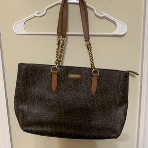 Calvin Klein Dark Brown Monogram Tote with Gold Chains